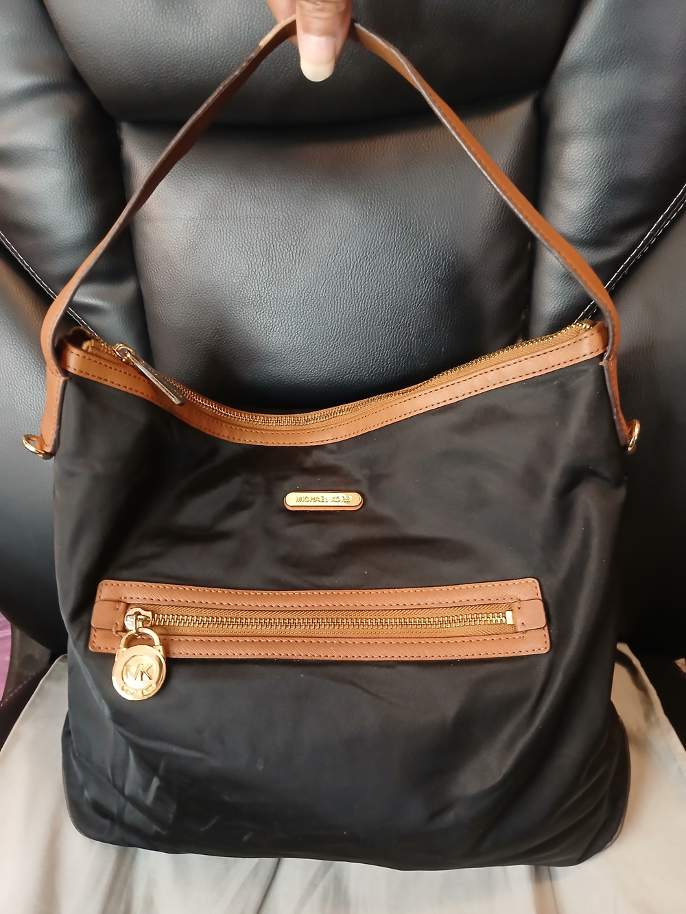 Michael Kors Black and Brown Nylon Shoulder Bag